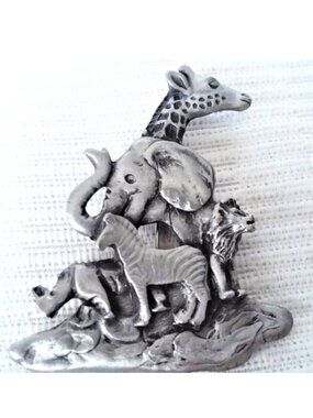 Animal Brooch Noah's Ark VTG Pewter Pin Zoo Signed Giraffe Lion Zebra Unique